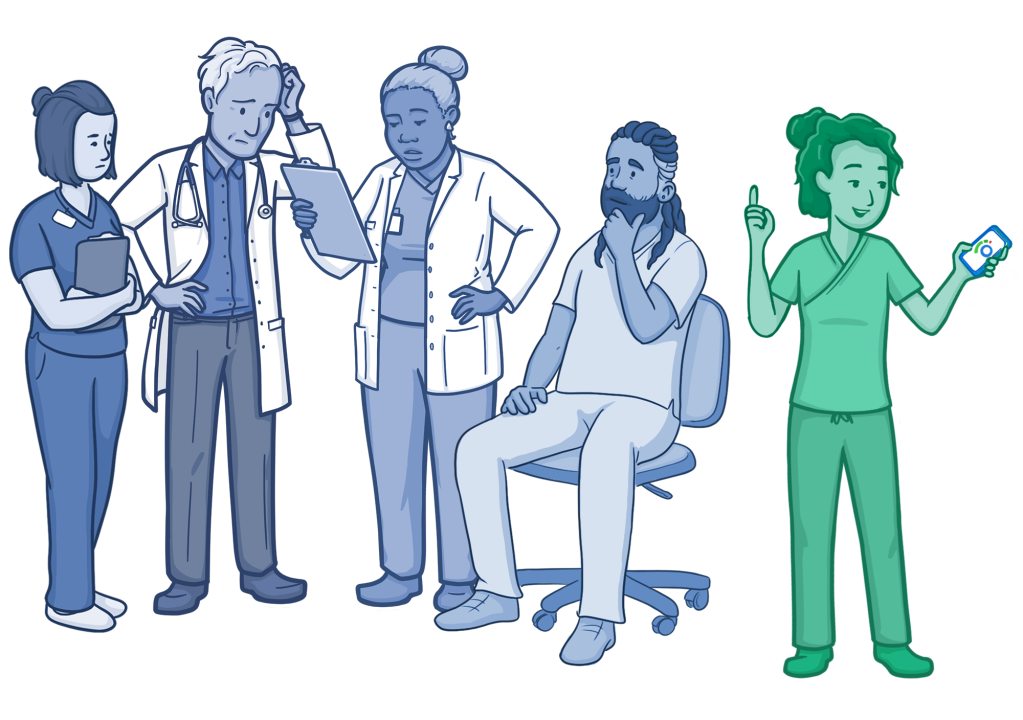 A care team listens to a medical student answer a question during rounds.